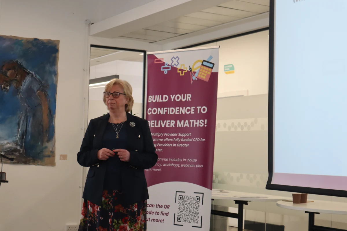 Photo of Christine Edwards presenting at a GM Maths Ambassador Network Event