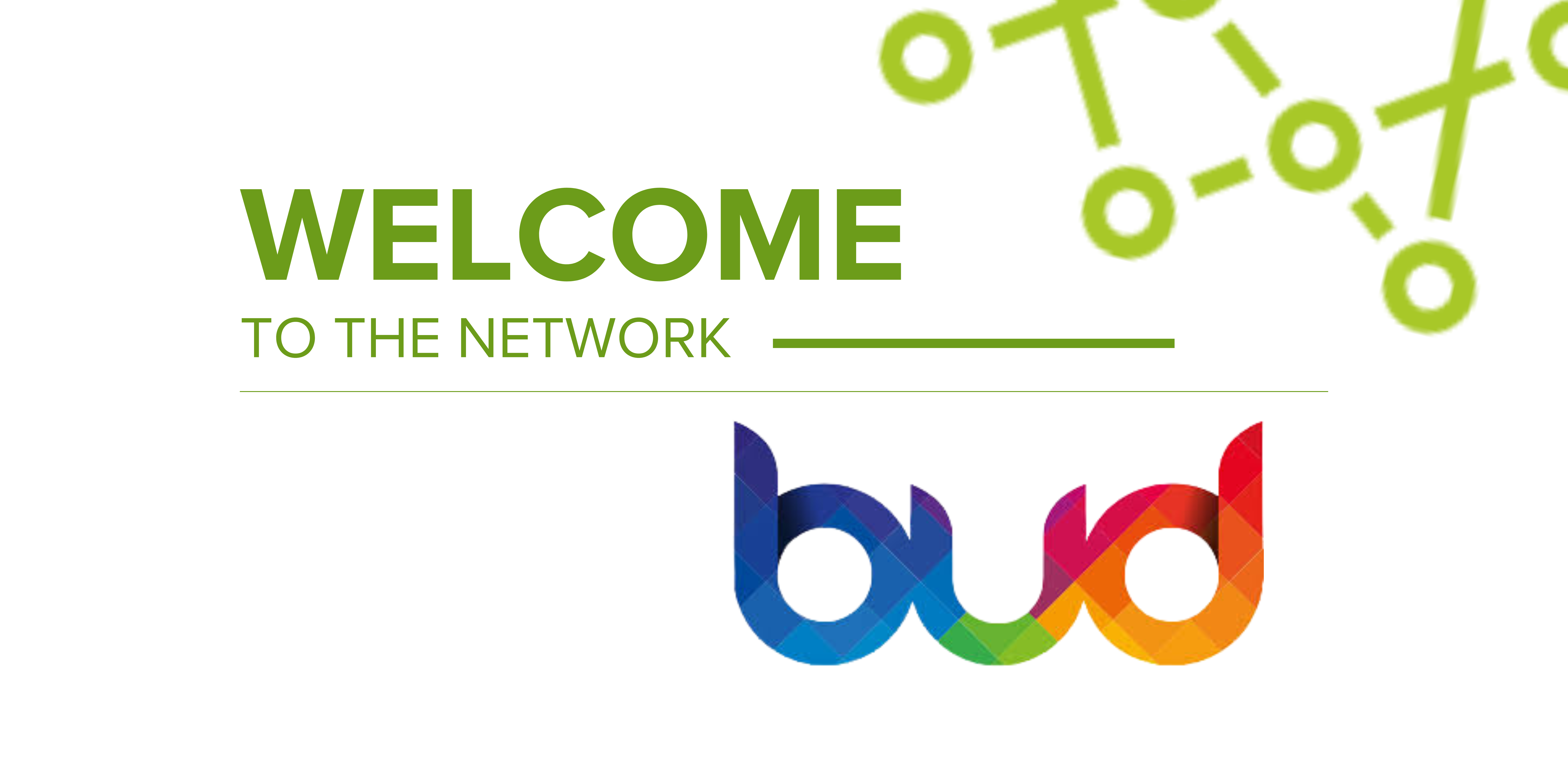 A graphic including text that reads, 'Welcome to the Network' with a logo of Bud included below.