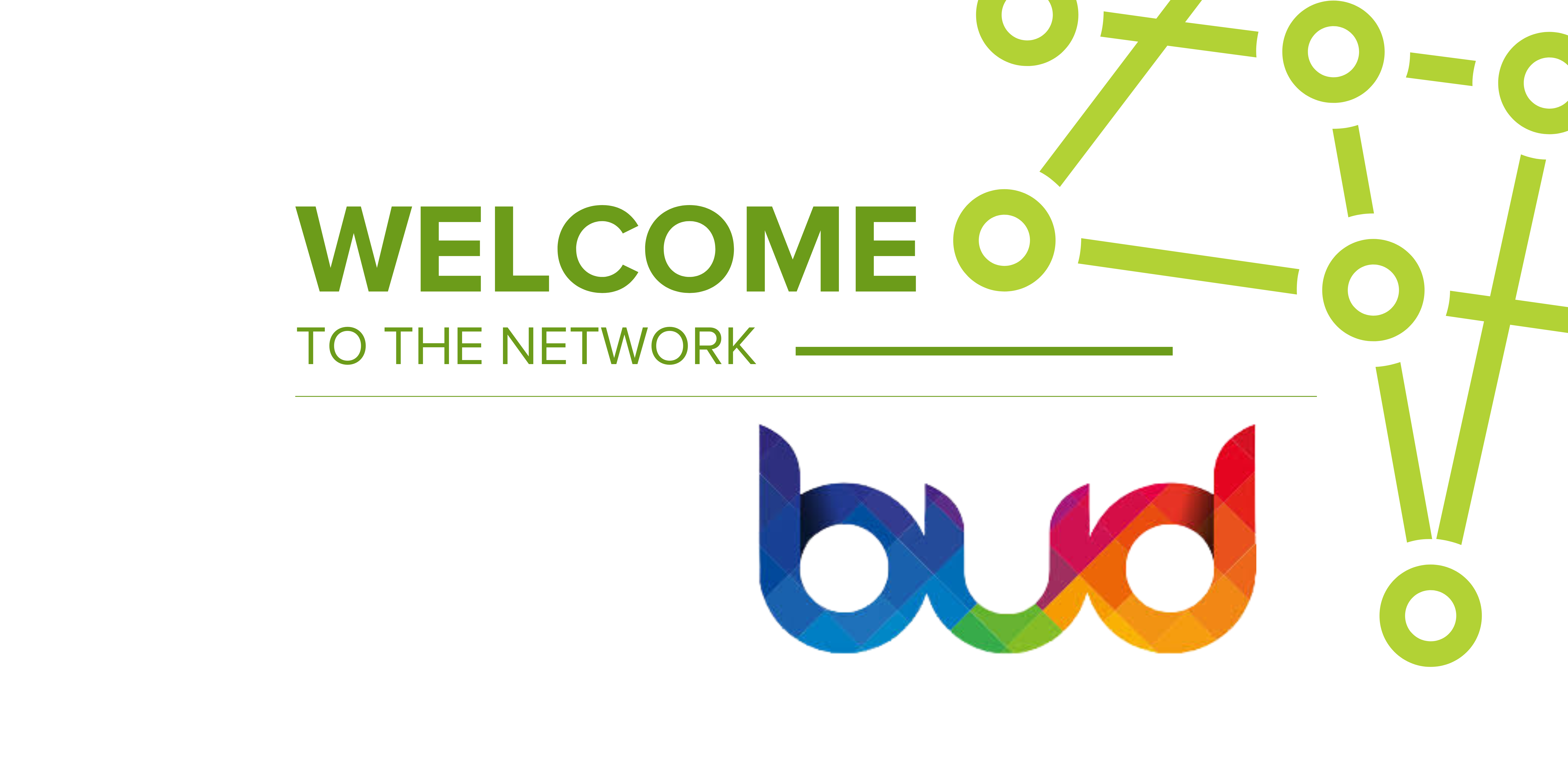 A graphic that has text that says 'Welcome to the network' with a logo of Bud below.