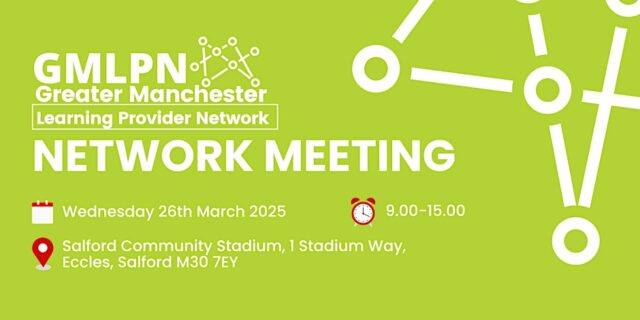 A graphic to promote the upcoming GMLPN Network Meeting on the 26th of March 2025